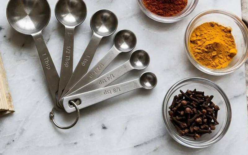 Stainless steel measuring spoons on marble counter