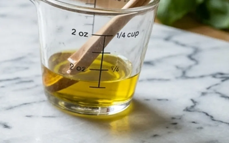 Small beaker showing olive oil volume measurement