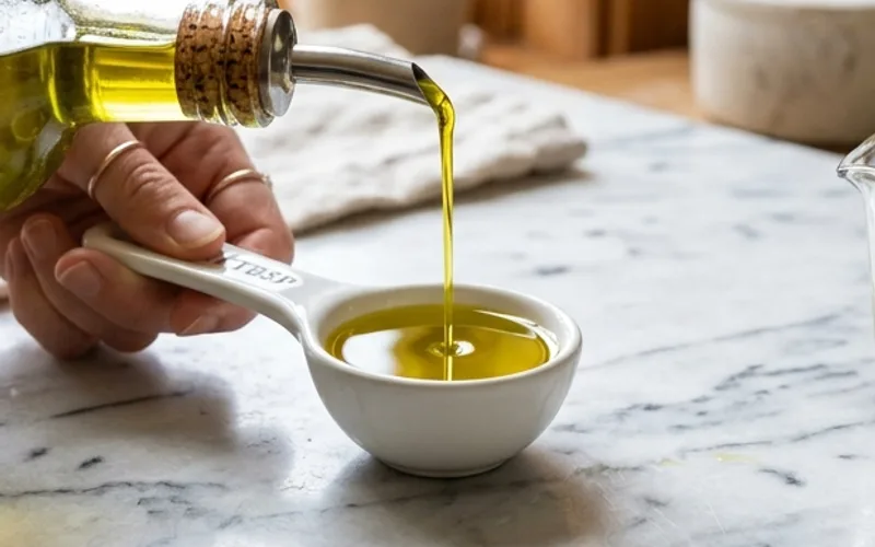 Pouring stream of golden olive oil into white ceramic spoon