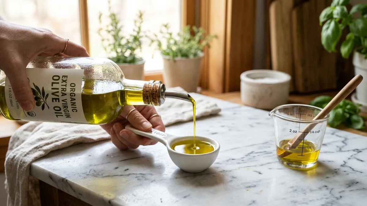 Pouring golden extra virgin olive oil into a ceramic measuring spoon beside measuring beaker