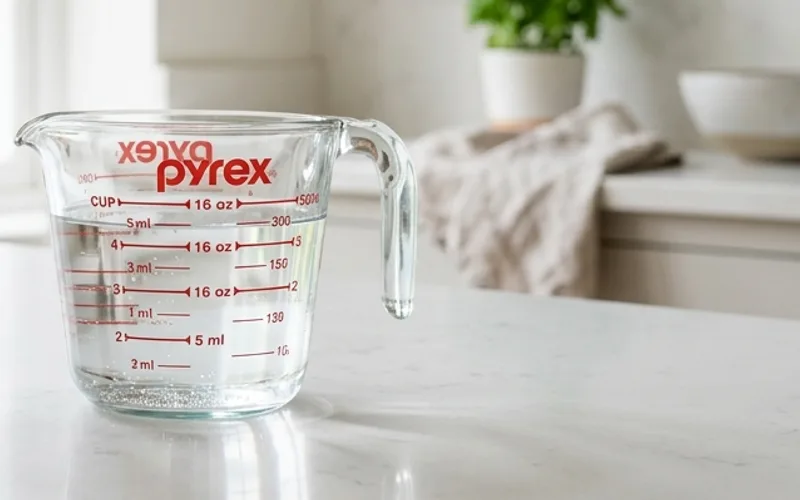 Glass measuring cup showing fluid ounce and milliliter comparison lines