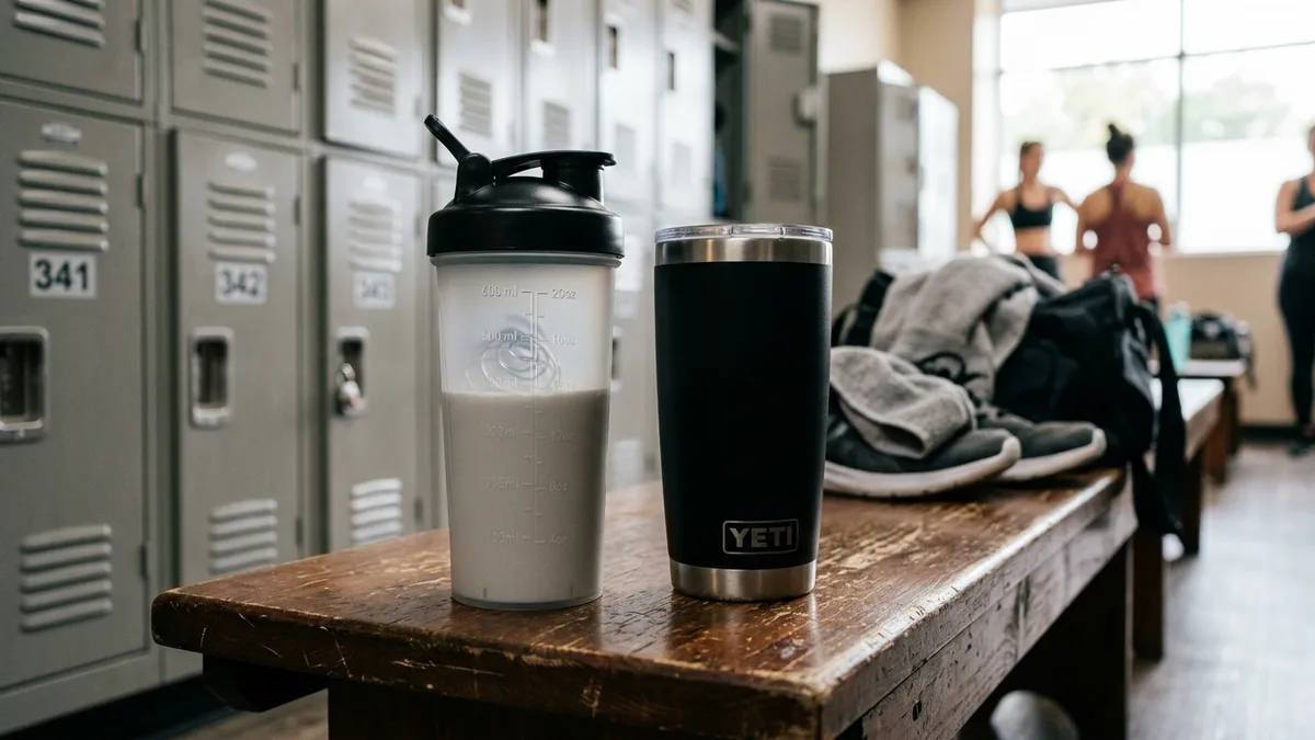 Modern semi-transparent 600 mL fitness shaker bottle with measurement markings beside 20 oz tumbler