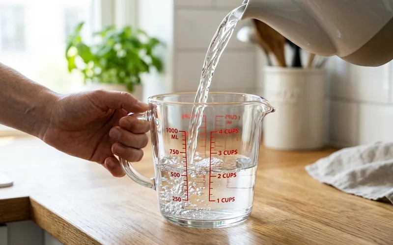 Pouring water into container to reach 600 mL volume