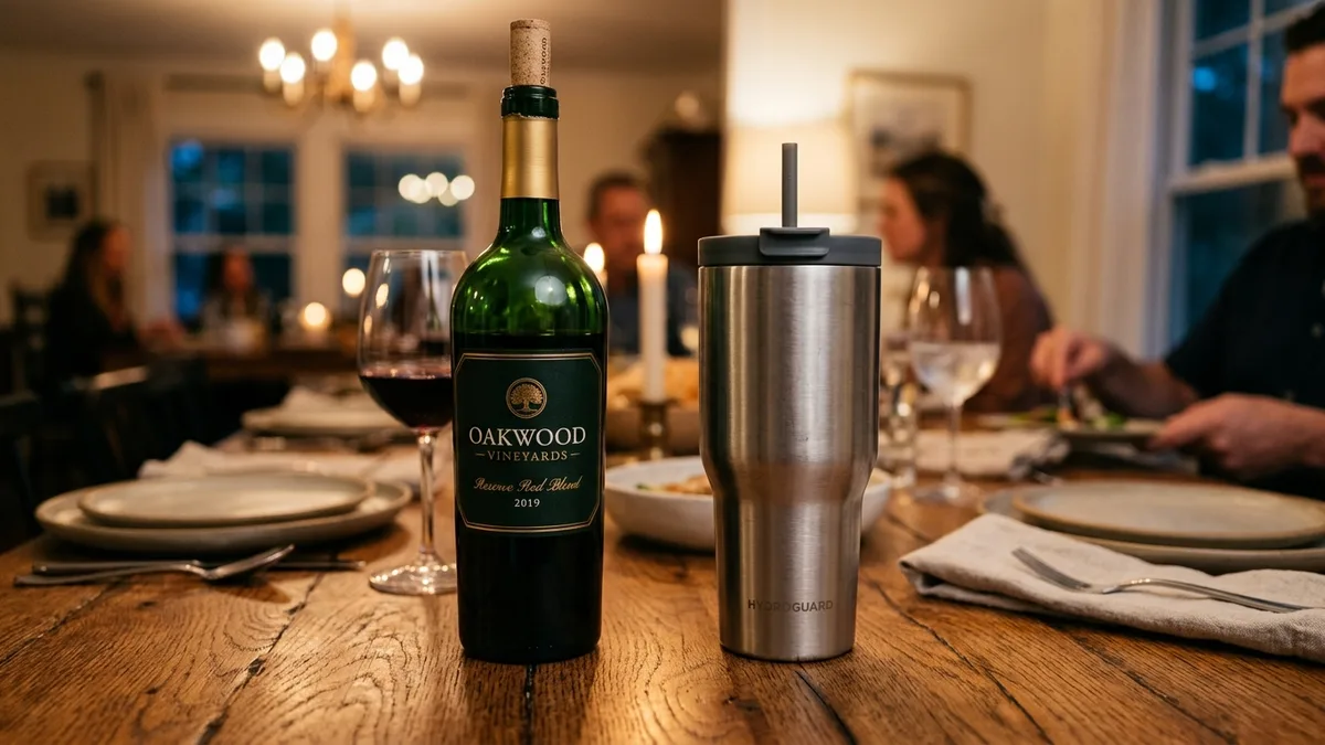 Classic dark green 750 mL glass bottle on dinner table next to 25.4 oz stainless steel tumbler