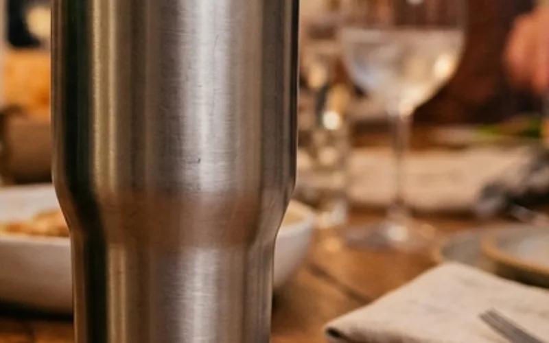 Stainless steel 25.4 oz tumbler for liquid volume comparison