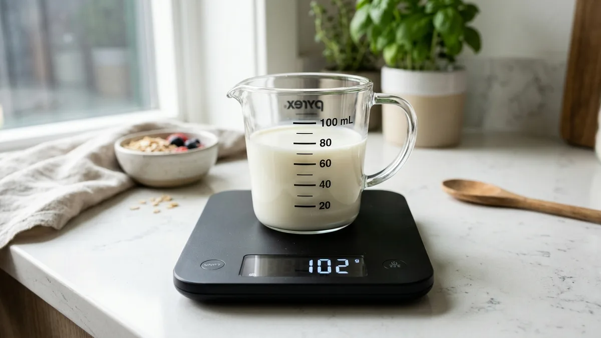 Glass measuring pitcher with 100 mL of milk on a digital kitchen scale showing 102 grams