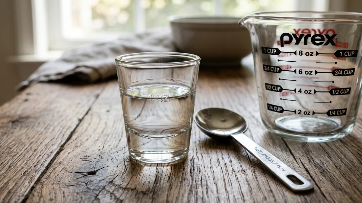 Heavy glass shot cup with exactly 1 oz of clear liquid next to tablespoon and measuring cup