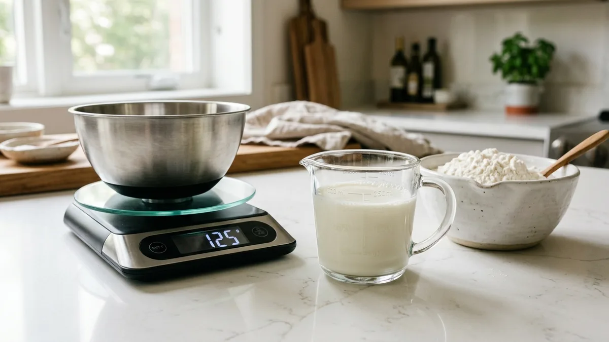 Digital kitchen food scale measuring ingredients beside a liquid measuring cup and bowl of flour
