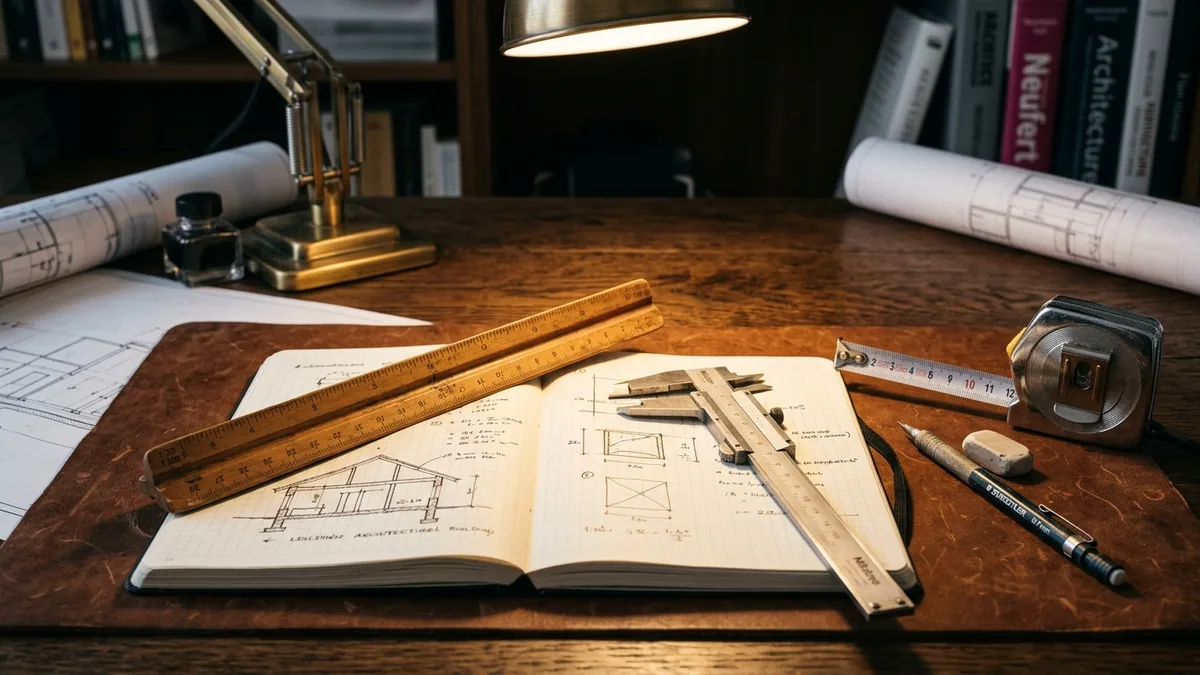 Architectural workspace with vintage wooden scale ruler, caliper, tape measure, and notebook